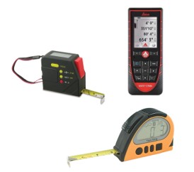 a collage of easy see tape measure, talking tape measure, and laser measure