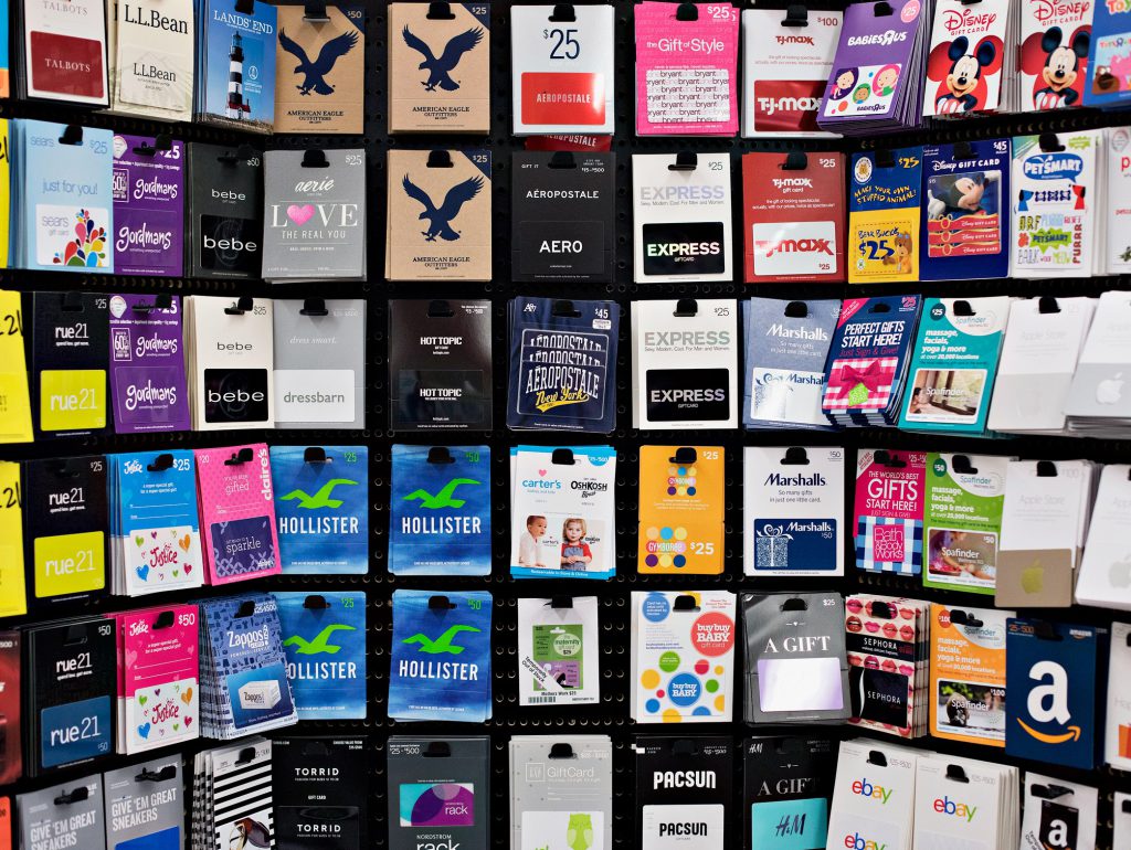 a wall of giftcards