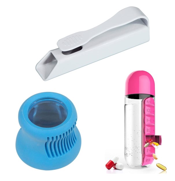Collage of medication tools like a bottle opener, blister pack popper, and travel water bottle with pill dispenser