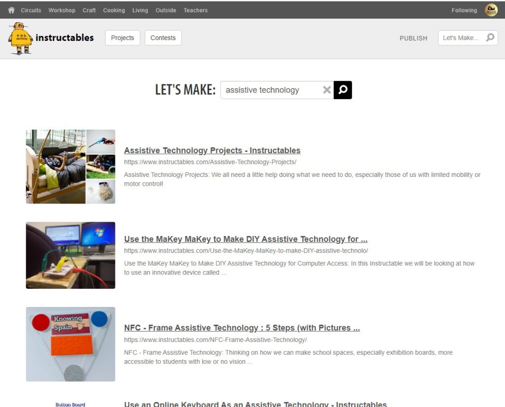 Screenshot of Instructables website displaying assistive technology projects
